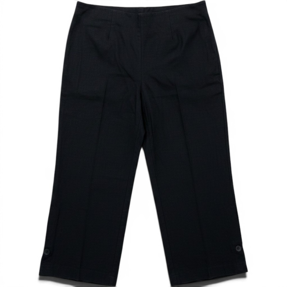 Margaret M Womens Black 100% Linen Cropped Straight Leg Pants Hem Button Size 8